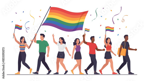  LGBT Pride Parade Celebration or People Walking with Rainbow Flags