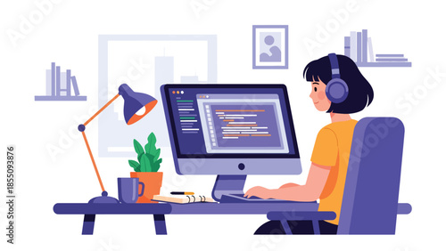 Modern flat vector illustration of people working in office with video calls on screens, friendly modern style, ideal for remote work concepts