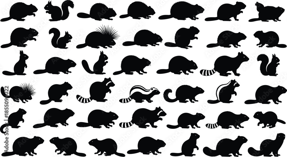 Naklejka premium Rodent and small mammal silhouettes set featuring squirrel beaver raccoon porcupine isolated black vector wildlife illustration collection