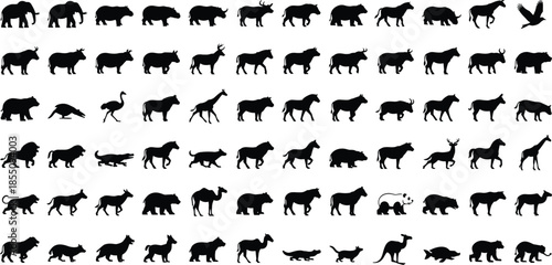 Wild animal silhouette mega collection featuring mammals birds reptiles fish isolated on white background wildlife nature vector illustration set