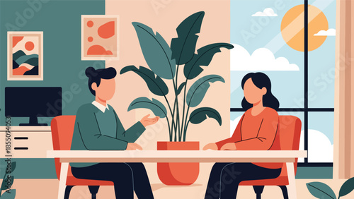 Modern flat vector illustration of HR interview in office with two people talking at desk, friendly business style, ideal for recruitment content
