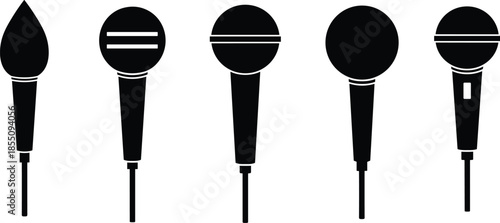 Four black and white stylized microphones with different head shapes music