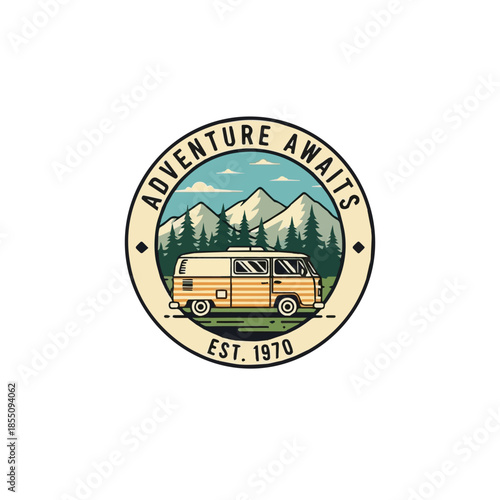 Retro Camper Van Outdoor Travel Badge Illustration

