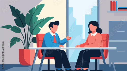 Modern flat vector illustration of HR interview in office with two people talking at desk, friendly business style, ideal for recruitment content