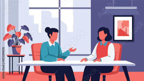 Modern flat vector illustration of HR interview in office with two people talking at desk, friendly business style, ideal for recruitment content