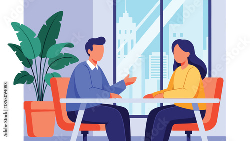 Modern flat vector illustration of HR interview in office with two people talking at desk, friendly business style, ideal for recruitment content