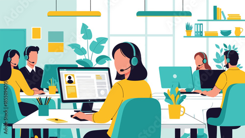 Modern flat vector illustration of customer support team working in office with headsets, friendly rounded shapes, ideal for service and helpdesk themes