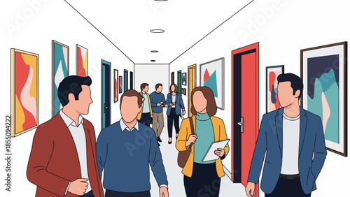 Modern flat vector illustration of coworkers walking and talking in office hallway, friendly rounded shapes, ideal for workplace culture visuals