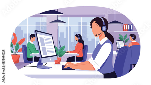 Modern flat vector illustration of customer support team working in office with headsets, friendly rounded shapes, ideal for service and helpdesk themes