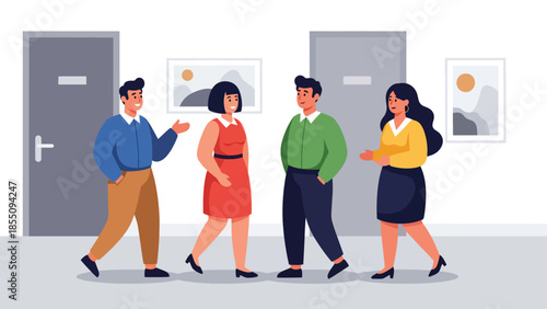 Modern flat vector illustration of coworkers walking and talking in office hallway, friendly rounded shapes, ideal for workplace culture visuals