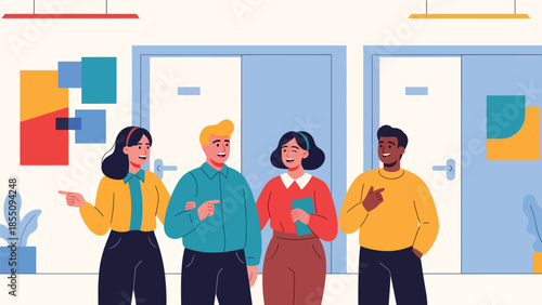 Modern flat vector illustration of coworkers walking and talking in office hallway, friendly rounded shapes, ideal for workplace culture visuals
