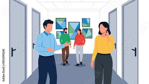 Modern flat vector illustration of coworkers walking and talking in office hallway, friendly rounded shapes, ideal for workplace culture visuals