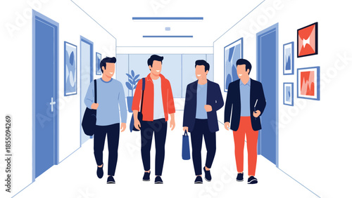 Modern flat vector illustration of coworkers walking and talking in office hallway, friendly rounded shapes, ideal for workplace culture visuals
