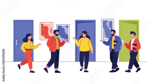 Modern flat vector illustration of coworkers walking and talking in office hallway, friendly rounded shapes, ideal for workplace culture visuals