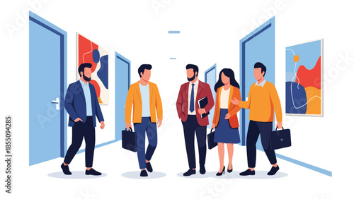 Modern flat vector illustration of coworkers walking and talking in office hallway, friendly rounded shapes, ideal for workplace culture visuals
