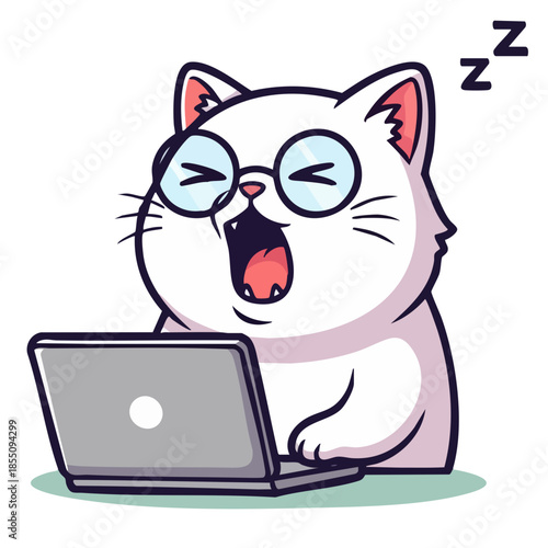 Sleepy Cat at Laptop: A whimsical illustration of a white cat, sporting glasses and yawning while using a laptop. The cat's exhaustion is evident as z are floating above.
