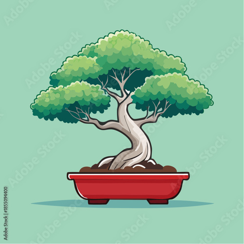 Cartoon bonsai tree in a red pot with a green background, vector illustration.