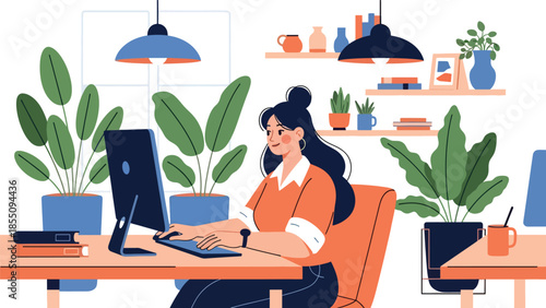 Modern flat vector illustration of woman working in open plan office at shared desk, friendly rounded style, ideal for modern workplace visuals