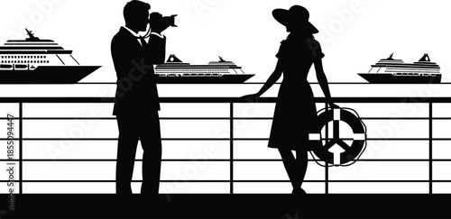 Silhouettes of a man and woman holding hands on a cruise ship deck with lifebuoy symbol