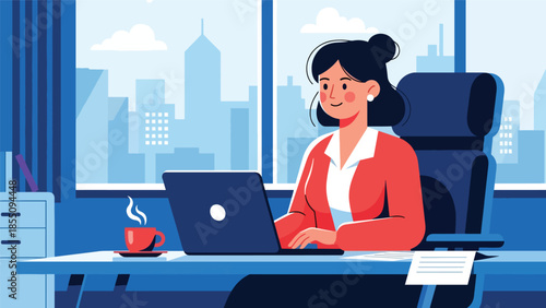 Modern flat vector illustration of woman working at office desk with laptop and city view window, friendly rounded style, ideal for business websites