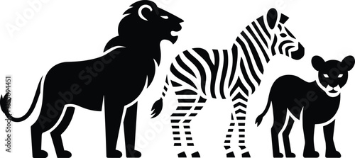 Minimal black and white African wildlife silhouette illustration with lion, zebra and cub, safari animals vector design collection