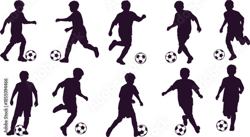 Silhouettes of children playing soccer with balls in various dynamic poses black