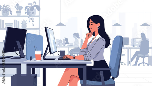 Modern flat vector illustration of woman working in open plan office at shared desk, friendly rounded style, ideal for modern workplace visuals