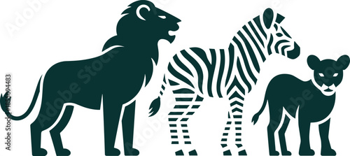 Minimal black and white African wildlife silhouette illustration with lion, zebra and cub, safari animals vector design collection