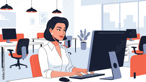 Modern flat vector illustration of woman working in open plan office at shared desk, friendly rounded style, ideal for modern workplace visuals