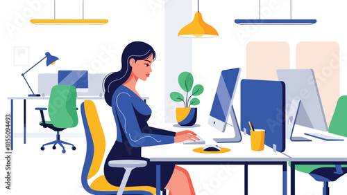 Modern flat vector illustration of woman working in open plan office at shared desk, friendly rounded style, ideal for modern workplace visuals