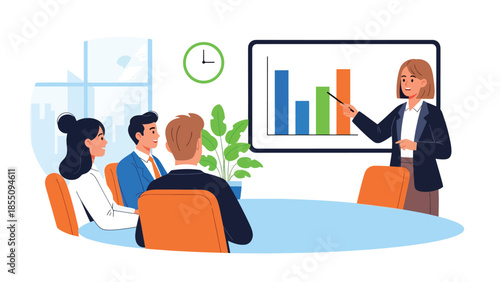 Modern flat vector illustration of woman giving business presentation in office meeting room, professional scene, ideal for training and corporate design