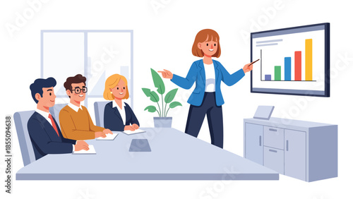 Modern flat vector illustration of woman giving business presentation in office meeting room, professional scene, ideal for training and corporate design