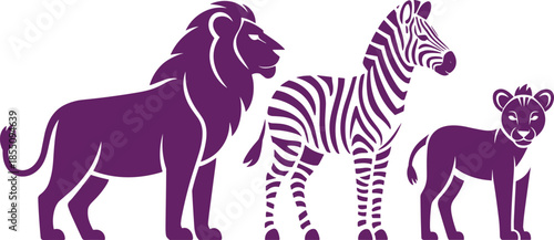 Minimal black and white African wildlife silhouette illustration with lion, zebra and cub, safari animals vector design collection