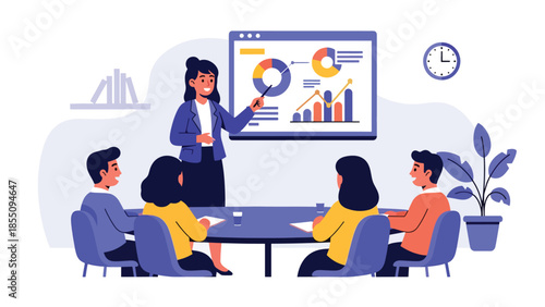 Modern flat vector illustration of woman giving business presentation in office meeting room, professional scene, ideal for training and corporate design