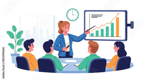 Modern flat vector illustration of woman giving business presentation in office meeting room, professional scene, ideal for training and corporate design