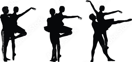 Silhouettes of dancers performing ballet with raised arms and poses black white