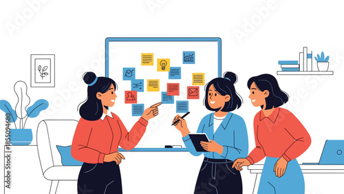 Modern flat vector illustration of women brainstorming ideas together in office with whiteboard and notes, friendly style, ideal for creative teamwork themes
