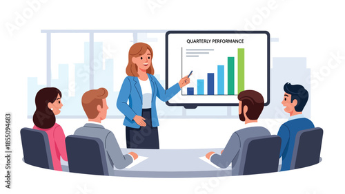 Modern flat vector illustration of woman giving business presentation in office meeting room, professional scene, ideal for training and corporate design