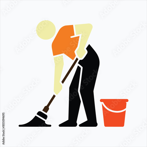Stylized graphic depicting a person in orange and black mopping a floor with a bucket