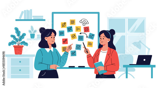 Modern flat vector illustration of women brainstorming ideas together in office with whiteboard and notes, friendly style, ideal for creative teamwork themes