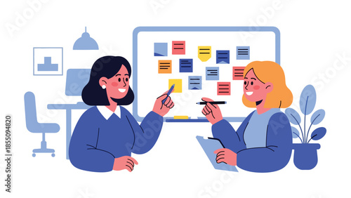 Modern flat vector illustration of women brainstorming ideas together in office with whiteboard and notes, friendly style, ideal for creative teamwork themes