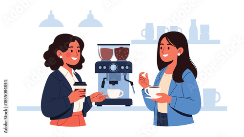 Modern flat vector illustration of women chatting during office coffee break in kitchen area, friendly style, ideal for workplace lifestyle visuals