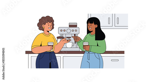 Modern flat vector illustration of women chatting during office coffee break in kitchen area, friendly style, ideal for workplace lifestyle visuals