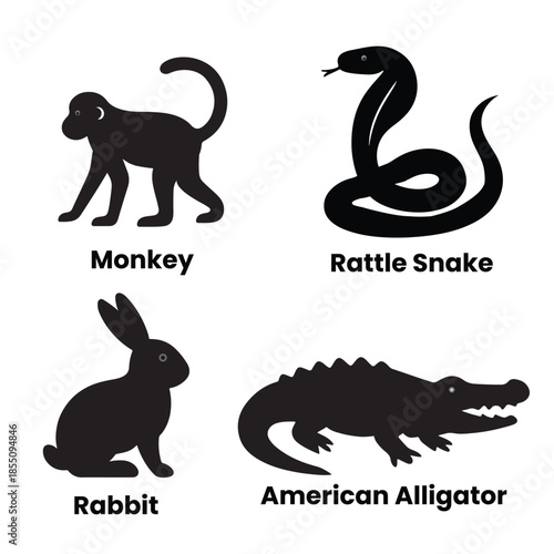 American Alligator, Rattle Snake, Monkey and Rabbit silhouettes vector set illustration.