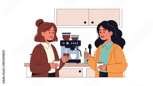 Modern flat vector illustration of women chatting during office coffee break in kitchen area, friendly style, ideal for workplace lifestyle visuals
