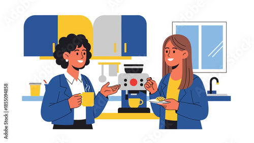Modern flat vector illustration of women chatting during office coffee break in kitchen area, friendly style, ideal for workplace lifestyle visuals