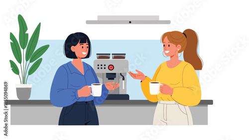 Modern flat vector illustration of women chatting during office coffee break in kitchen area, friendly style, ideal for workplace lifestyle visuals