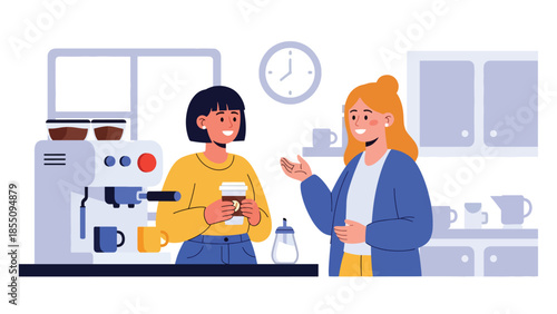Modern flat vector illustration of women chatting during office coffee break in kitchen area, friendly style, ideal for workplace lifestyle visuals