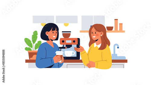 Modern flat vector illustration of women chatting during office coffee break in kitchen area, friendly style, ideal for workplace lifestyle visuals