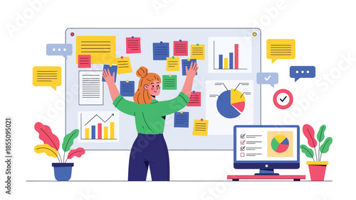 Modern flat vector illustration of woman organizing tasks and notes in office, productivity planning scene, ideal for project management visuals